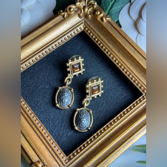 Gold Tone Vintage Scarab Drop Earrings - Picture 14 of 16
